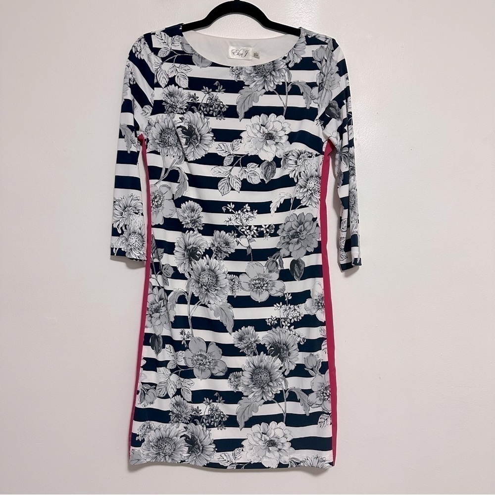 Eliza J Striped Floral Print 3/4 Sleeve Sheath Dress
